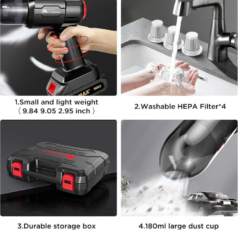 3 in 1 High Power Vacuum Cleaner Portable 18000PA Wireless Car Vacuum Cleaner with 12500mAh Battery Small Handheld Vacuum Cleaner for home 12500mAh Large capacity battery】:Large capacity battery brings long runtimes,The 12500mAh battery can ensure the vac